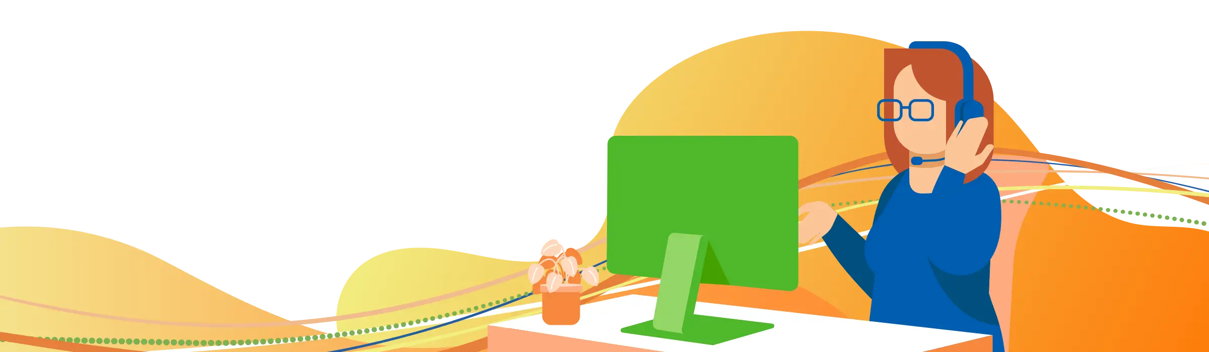 Graphic of person with headset at a desktop computer.