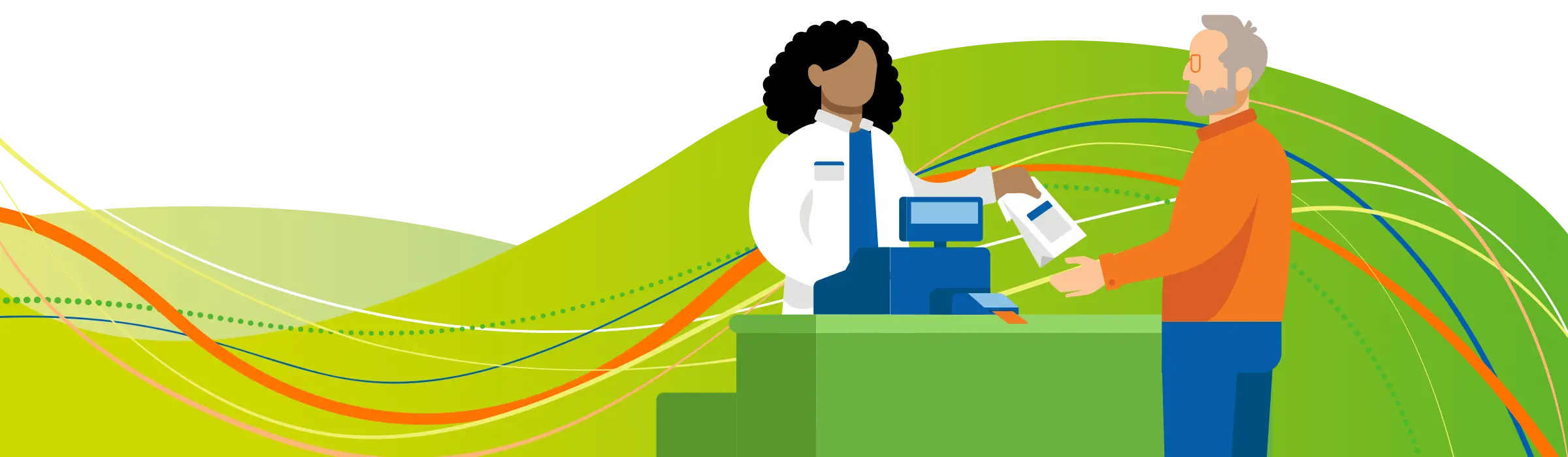 Person at pharmacy handing over package to patient.