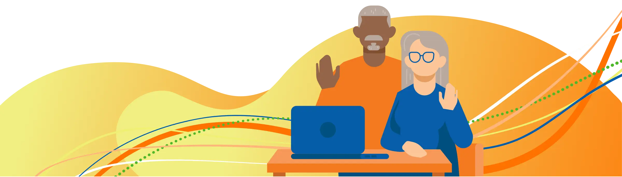 Two people behind open laptop raising their hands.