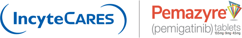 Logos for IncyteCARES and PEMAZYRE pemigatinib (tablets).