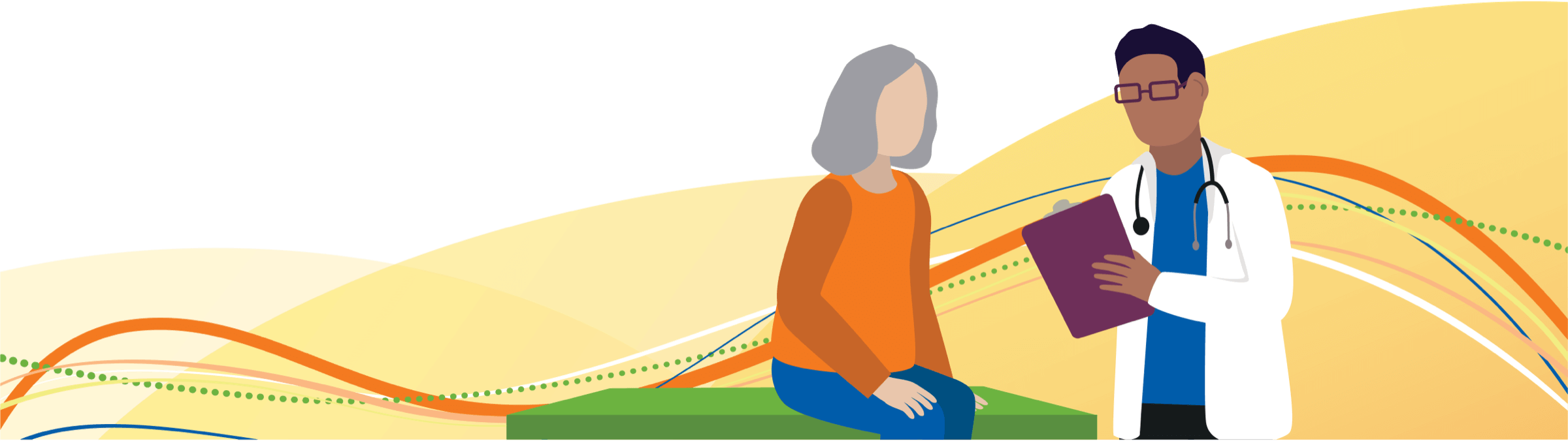 Graphic of a female patient talking to male doctor holding a clipboard