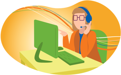 Graphic of a phone support person working at a computer