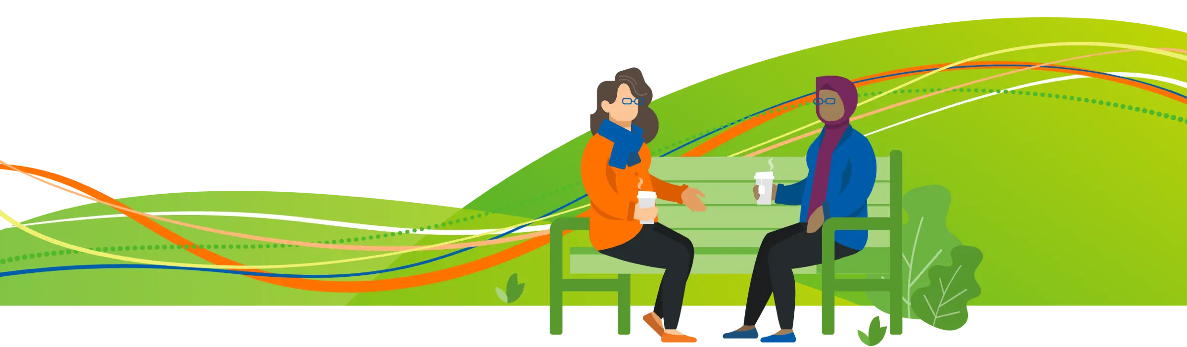 Graphic of 2 women sitting on a park bench and talking