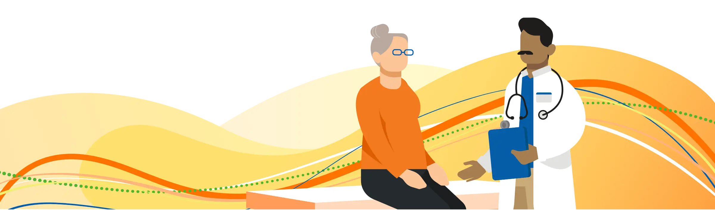 Graphic of a female patient talking to male doctor holding a clipboard